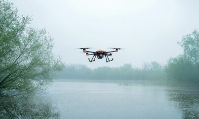 Drone flying over flooded river in rain.