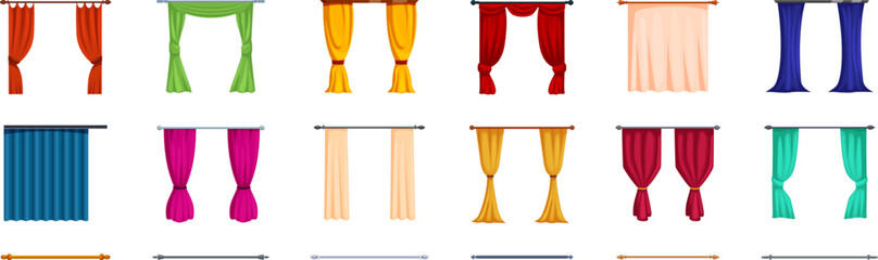 Cornice curtains icons set. Set of colorful curtains hanging on cornice home decor elements for living room or bedroom © nsit0108