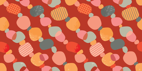 Colorful seamless pattern with rough round  shapes.Abstract background of grunge objects arranged in diagonal rows.Pink,yellow,orange,grey colors.Print on fabric and paper.Vector design for textile.