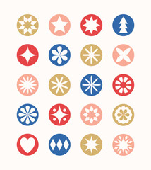 Colourful Christmas snowflake and star icon collection. Festive decorations. Vector illustration