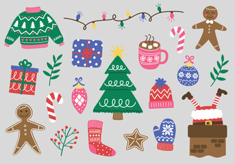 Set with colourful Christmas elements. Christmas tree, ball, present, sock, cookie, cup, hat, sweater, gloves. Vector illustration