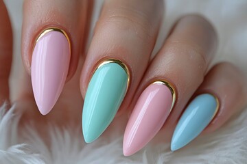Close-up of Four Almond-Shaped Nails with Gold Tips and Pastel Polish