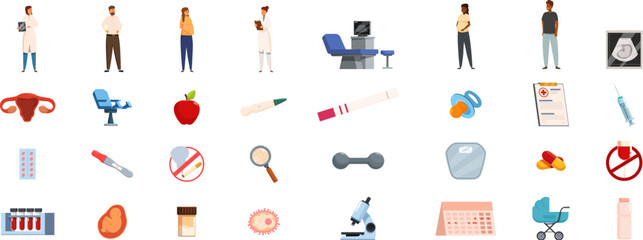 Pregnancy planning icons set. Medical icons set of people getting ready for pregnancy and visiting doctor during pregnancy with related medical equipment and symbols