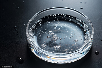 Pure black background, round translucent complexion gel-like cream, clear, crystal clear, high end