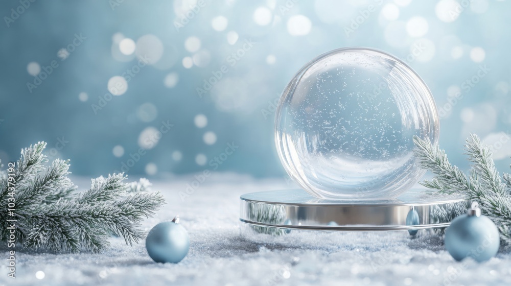 Aufkleber a glass snow globe rests on a silver stand surrounded by snow and pine sprigs. there is a blue chris