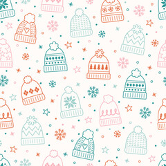 Colourful cartoon winter hat background. Christmas seamless pattern. Vector illustration