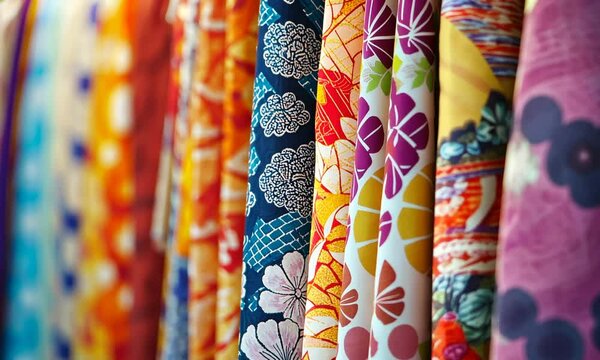 Vibrant Floral Patterned Fabrics Hanging in a Row