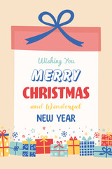 Christmas greeting card with cute hand drawn presents. Vector illustration