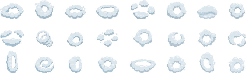 Smoke ring cloud icons set. Cartoon smoke explosion effect frames showing different movement stages for animation