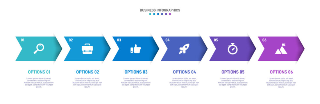 Horizontal progress bar featuring 6 arrow-shaped elements, symbolizing the six stages of business strategy and progression. Clean timeline infographic design template. Vector for presentation