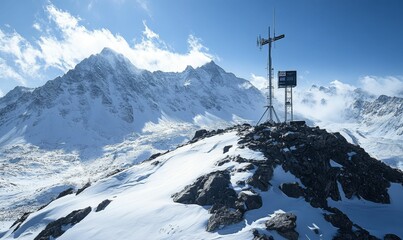 Snowy mountain peak with antenna and sign.