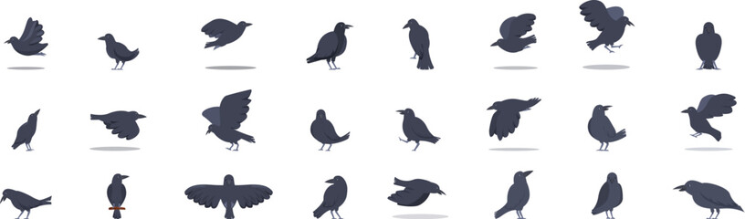 Crow icons set. Collection of cartoon crows showing different activities, creating a spooky or halloween themed design element