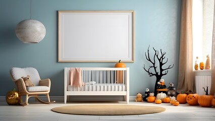 Obraz premium Modern minimalist landcape wall art mockup of baby room for Halloween, blank frame for horizontal wall art baby room mockup, Halloween and Christmas spooky scary vibes of the room interior design