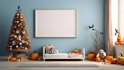 Modern minimalist landcape wall art mockup of baby room for Halloween, blank frame for horizontal wall art baby room mockup, Halloween and Christmas spooky scary vibes of the room interior design