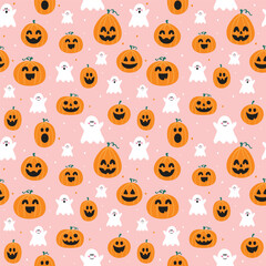 Cute Halloween background with hand drawn pumpkins and ghosts. Seamless pattern. Vector illustration