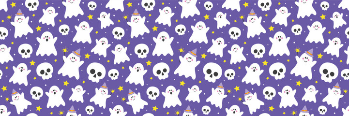 Halloween background. Seamless texture with cute ghosts and skulls. Banner. Vector illustration