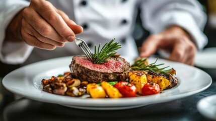 Close-up of a Chef Preparing a Gourmet Steak with Vegetables