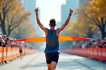 Marathon runner crossing the finish line, breaking the red tape. The sunlit street adds a sense of accomplishment and excitement.