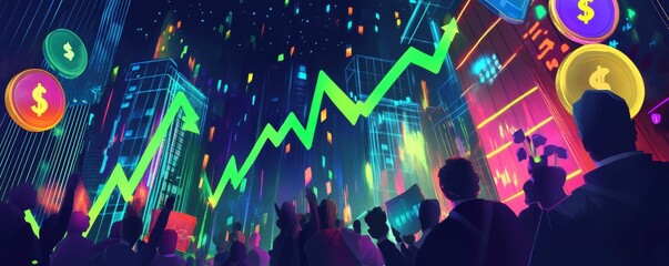 Obraz premium A crowd celebrates an upward trend in the market.