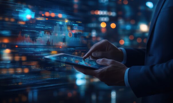 Businessman Analyzing Digital Data on Tablet with Graphs and Charts