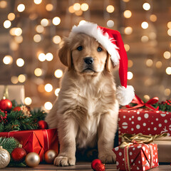 Adorable dog in Santa hat on cozy fluffy space with Christmas toys and presents. Holiday portrait of a pet.