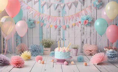 Pastel birthday cake & balloons on a white backdrop.