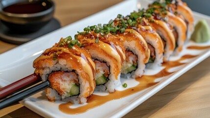 Close-up of a Plate of Crunchy Sushi Rolls with Soy Sauce and Chopped Green Onions