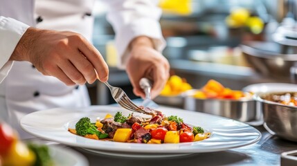 Chef Finishing a Plate of Grilled Meat and Roasted Vegetables