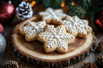 Festive Snowflake Cookies on a Wooden Platter