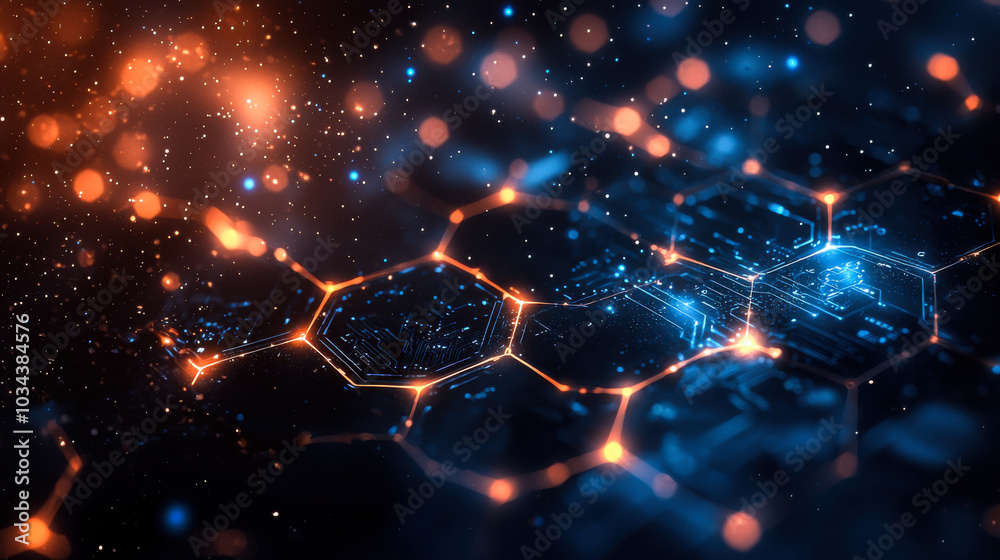 Aufkleber abstract digital technology background with glowing hexagonal patterns and bright particles in a dar