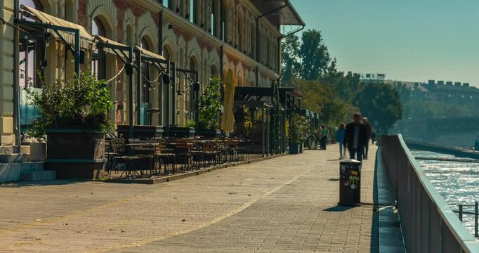 Budapest, Hungary - October 10, 2024: Budapest&rsquo;s Pathways Along the Danube Near Balna, foggy morning. Timelapse, zoom out transition.