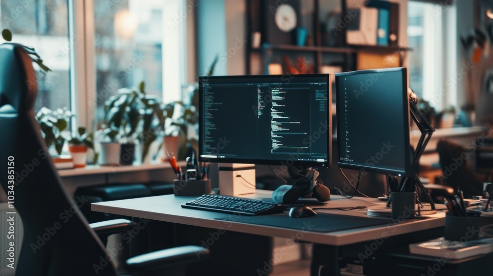 Poster modern home office workspace with dual monitors and code on screen