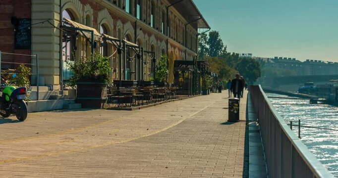 Budapest, Hungary - October 10, 2024: Budapest&rsquo;s Pathways Along the Danube Near Balna, foggy morning. Timelapse, zoom in transition.