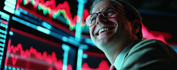 Man smiles, looking at stock charts.