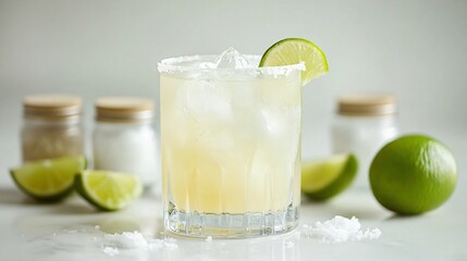 Fototapeta premium Classic Ranch Water cocktail, isolated on a white background with decorative lime wedges and small jars of salt