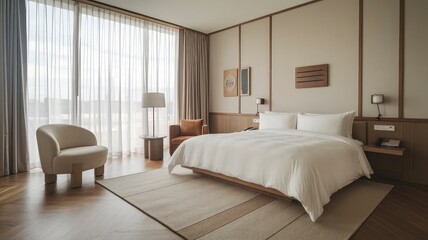 A bedroom with a bed, chair, and a lamp.