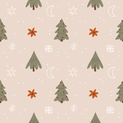 New Year Christmas winter pattern with Christmas trees, snowflakes, stars, Poinsettia on a beige brown background.Suitable for packaging, wrapping paper, wallpaper, textiles, fabric, bedding.