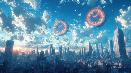 Obraz premium Clocks flying over a city with skyscrapers and clouds in the sky
