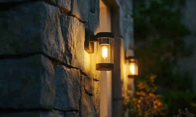 A stone wall with a lit lamp.