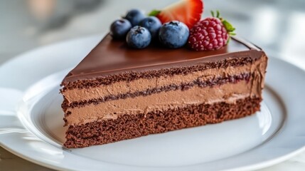 Chocolate Cake Slice with Berries on a White Plate