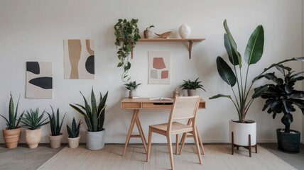 Fototapeta premium A room with a plant and a desk with a sign that says home.