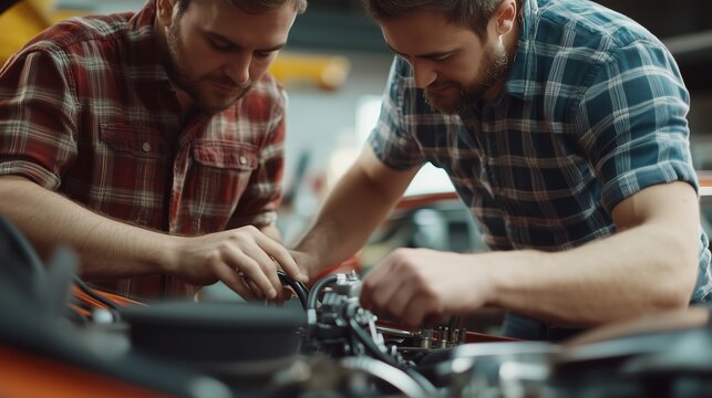 Two men working together to repair an engine in a garage during the afternoon, showcasing teamwork and mechanical skills