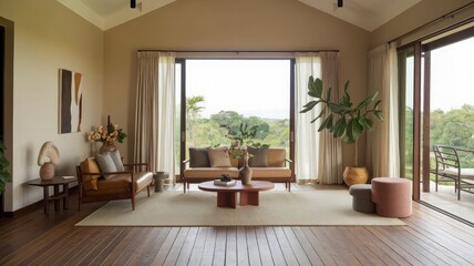 Fototapeta premium A living room with a couch, chairs, and a table with a view of the ocean.