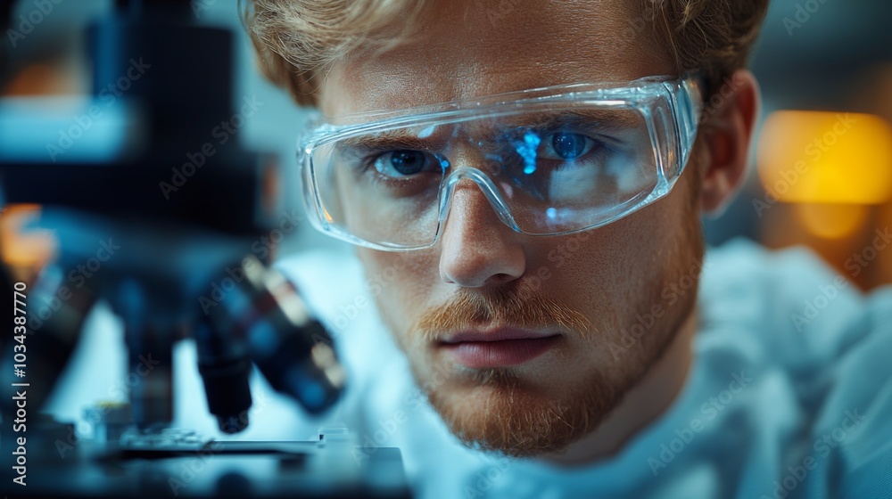 Poster a focused young scientist examines a specimen through a microscope in a well-equipped laboratory. hi