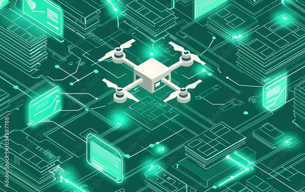 Poster aerial drone surrounded by digital data structures in an abstract technology environment