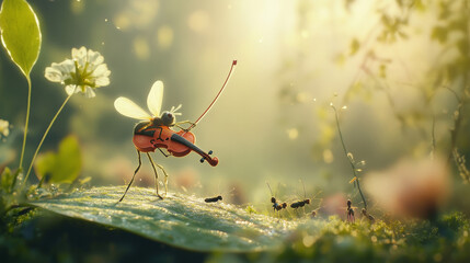 Imagine a whimsical scene where a tiny mosquito, no bigger than a thumbtack, stands on a makeshift stage crafted from a leaf. 