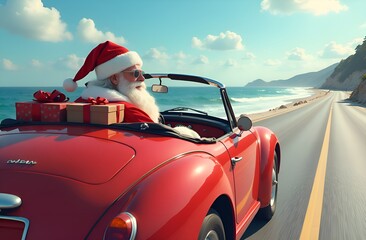 Santa Claus with sunglasses driving a car on road. Ocean view in the background. 