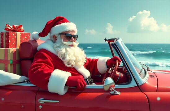 Santa Claus with sunglasses driving a car. Ocean view in the background. 
