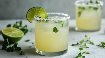 Fototapeta premium Sparkling Ranch Water with salt rim, isolated on a light gray surface with decorative lime wedges and fresh herbs