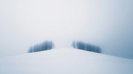 Fototapeta premium Bare trees in two groups stand on a snow-covered hilltop on a foggy winter day